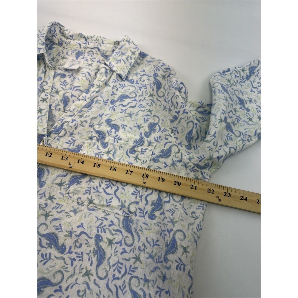 Sigrid Olsen Linen Tunic Shirt Button Down White Blue Seahorse Roll Tab Sleeves - Picture 10 of 11